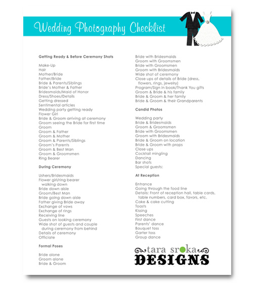 Tara Sroka Designs Bridal 101 Photography Checklist Free Printable